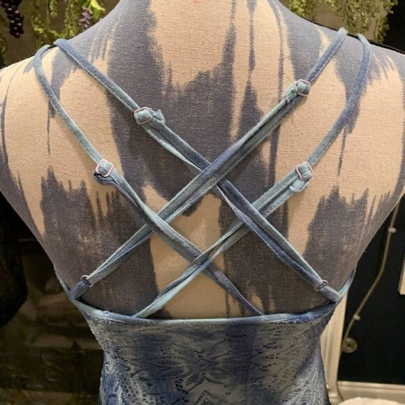 Free People light blue tie dye to ombre black lace cami with fringe accents 2 - Picture 16 of 16